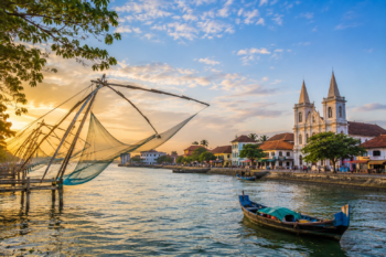 Chinese Fishing Nets at Fort Kochi waterfront during sunset in Kerala, India