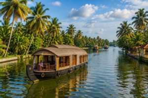 Traditional houseboat cruising through Alleppey backwaters in Kerala